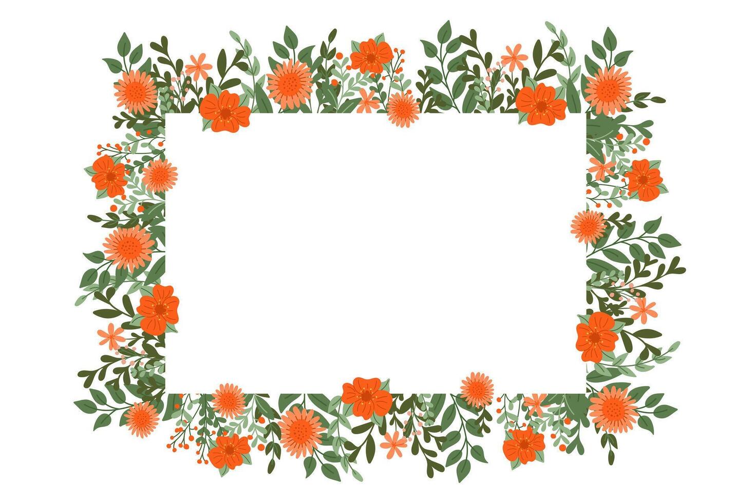 saludo floral horizontal tarjeta o bandera modelo con plano estilizado plantas. primavera o verano en blanco antecedentes. plano mano dibujado de colores rectángulo. de moda impresión diseño para interior decoración vector