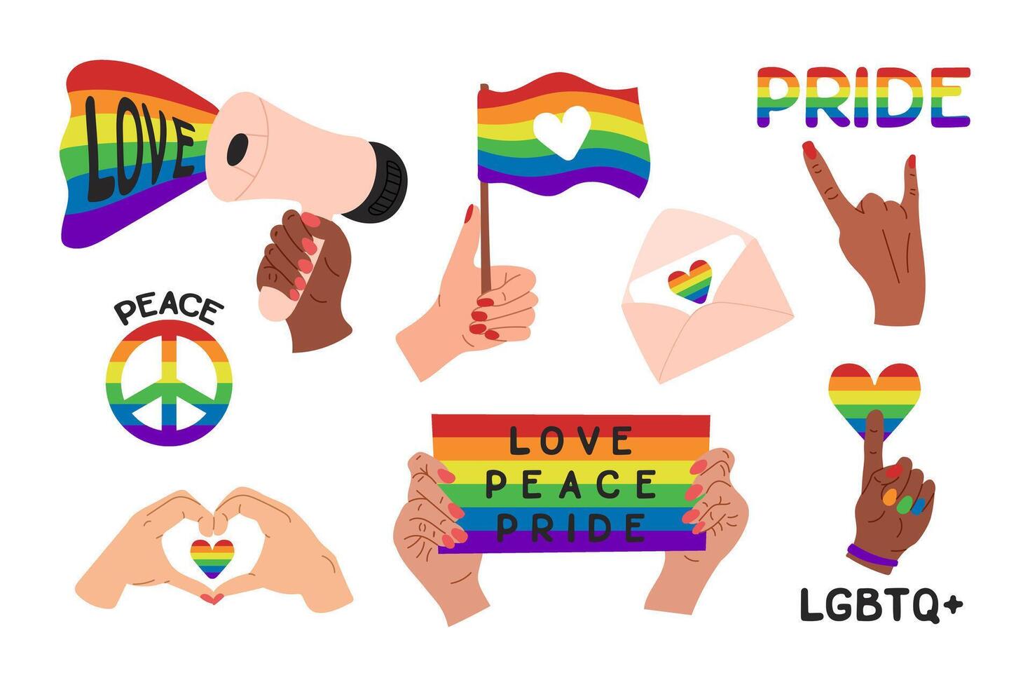 lgbtq elemento conjunto con corazones, manos y bandera. lgbtq comunidad símbolos con arcoiris plano mano dibujado elementos para orgullo mes aislado en blanco antecedentes vector