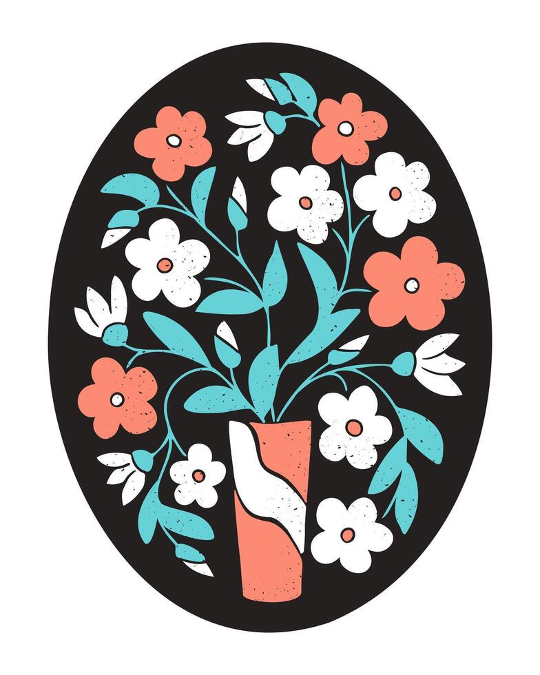 floral oval composición en Clásico resumen estilo en negro antecedentes. plano mano dibujado botánico ilustración en grabado técnica con grunge textura. ideal para hogar decoración vector
