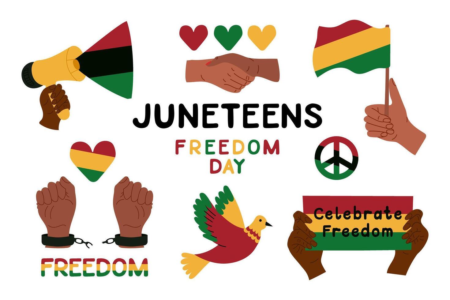 Juneteenth Freedom Day set of stickers in flat style isolated on white background. hand drawn hands and symbols for black history month vector