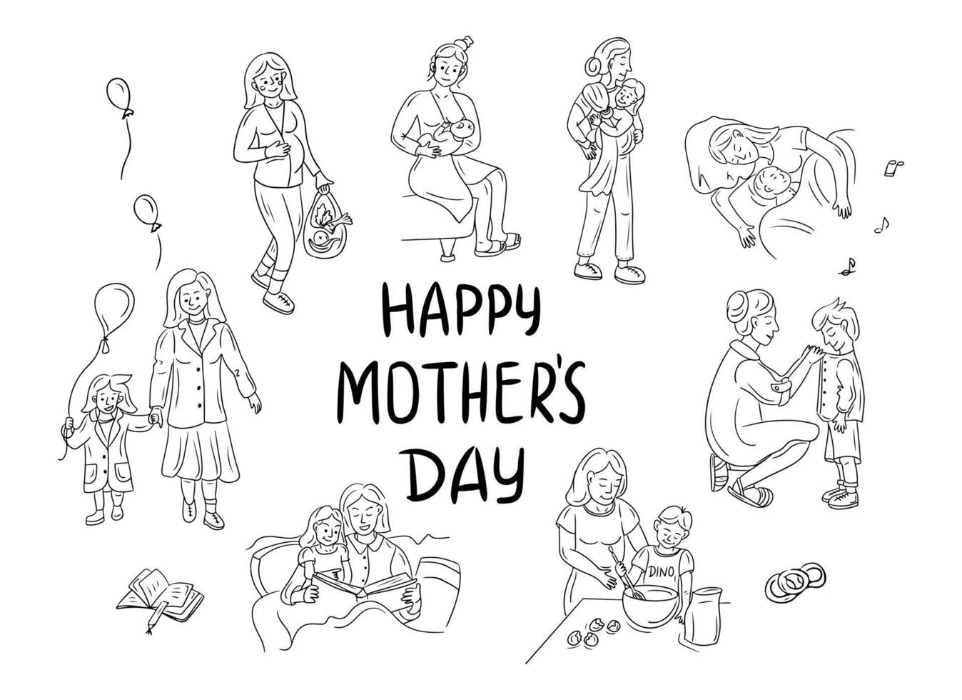 Happy Mothers day doodle contour set. Monochrome black outline drawings of mothers and their babies isolated on white background. Everyday mothers routine. Good for coloring pages, stickers vector
