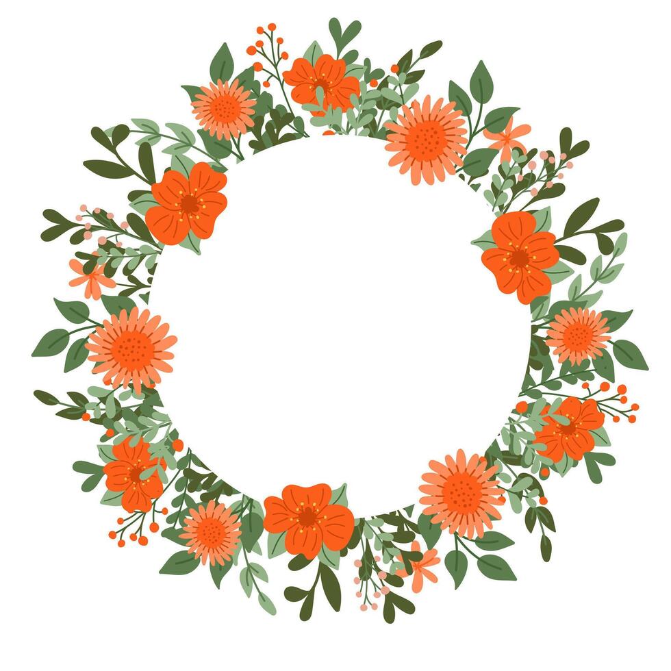 Greeting floral flat template with stylized plants. Spring or summer on white background. Flat hand drawn colored wreath with flowers. Trendy print design for interior decor, social media vector