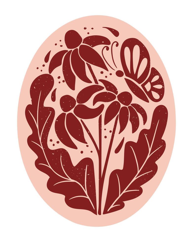 oval duotono resumen floral composición aislado en blanco antecedentes. plano mano dibujado ilustración con flores y mariposa en grabado técnica con grunge textura y arañazos vector