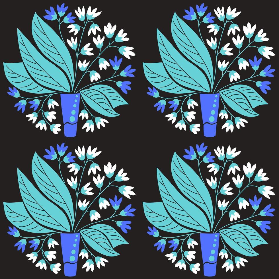 Contrast seamless pattern with abstract floral bunch in modern vase and round shape. Dark theme. Modern print with nature bunch on black background. Print design for textile vector