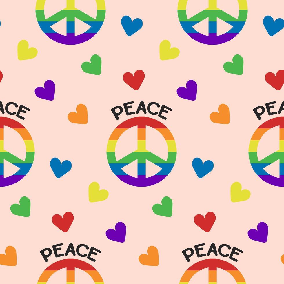 Flat seamless pattern with hearts and peace symbol in rainbow colors supporting LGBTQ community. Peaceful and equality concept. hand drawn illustration for Pride month vector