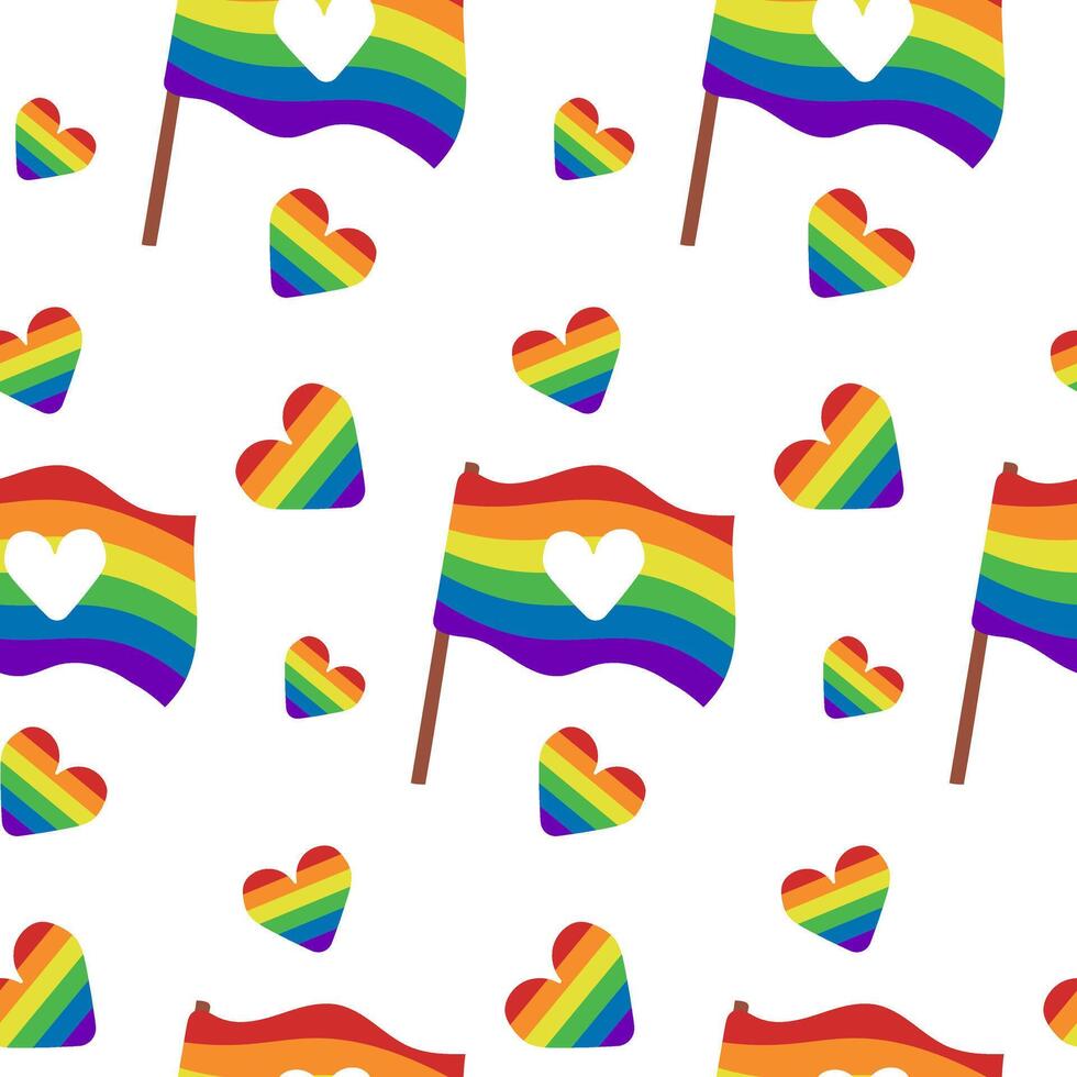 sin costura modelo lgbtq bandera y corazones con arco iris en plano estilo. pacífico y igualdad concepto. mano dibujado ilustración para orgullo mes vector