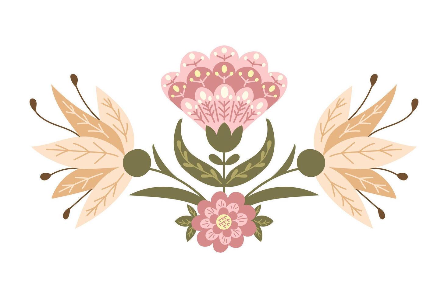 Abstract floral symmetrical composition in folk fantasy style. flat hand drawn illustration in muted colors and boho style isolated on white background. Ideal for home decor or printout vector