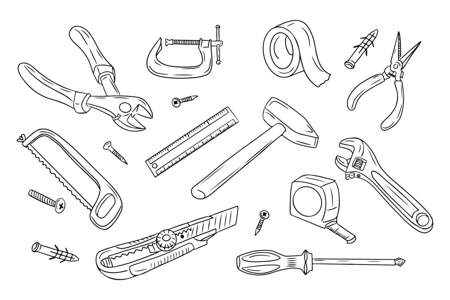 Doodle set of contour drawings of tools for repairing or plumbing. Black hand drawn outline sketchy drawings isolated on white background. Ideal for coloring pages, tattoo vector