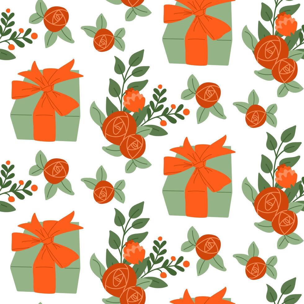 negrita contraste sin costura modelo con regalo cajas con cinta y resumen plano floral composiciones primavera o verano celebracion concepto para textil o fondo de pantalla aislado en blanco antecedentes vector