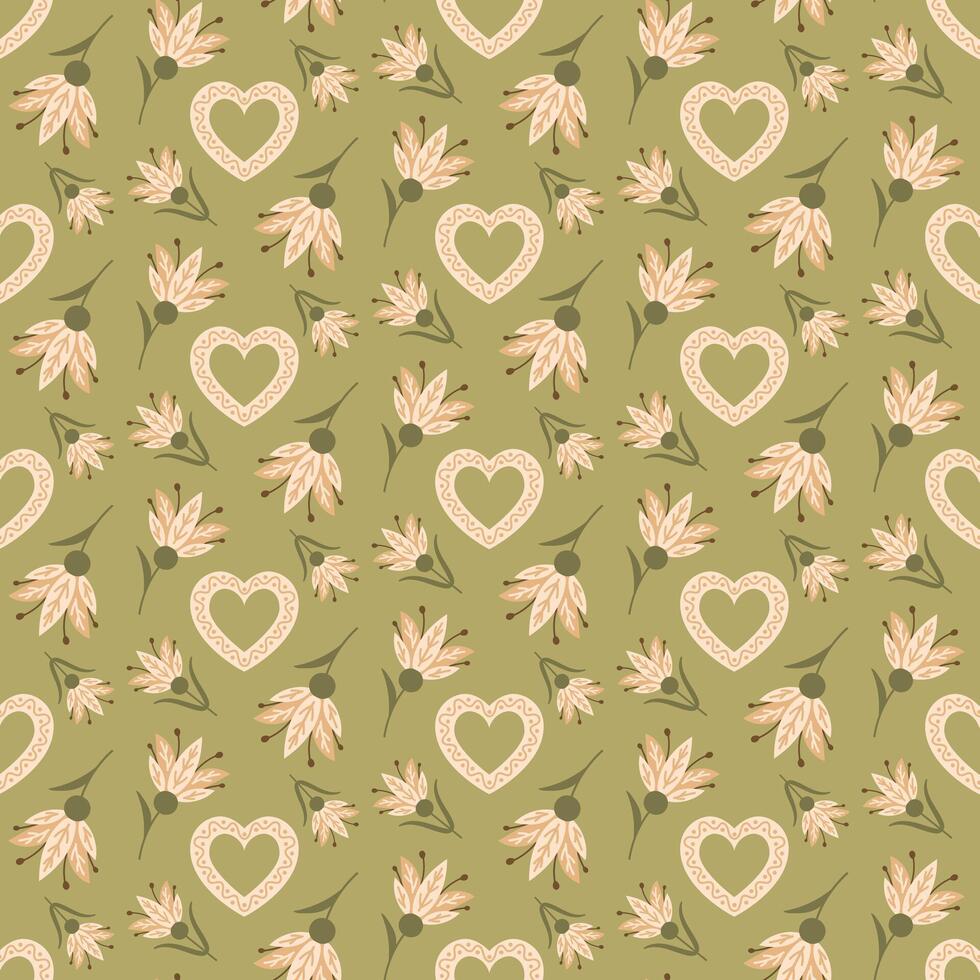 Seamless pattern with flat folk abstract flowers and decorated hearts in muted colors. Botanical illustration in retro boho style for wedding . Vintage nature print design for textile or wallpaper. vector