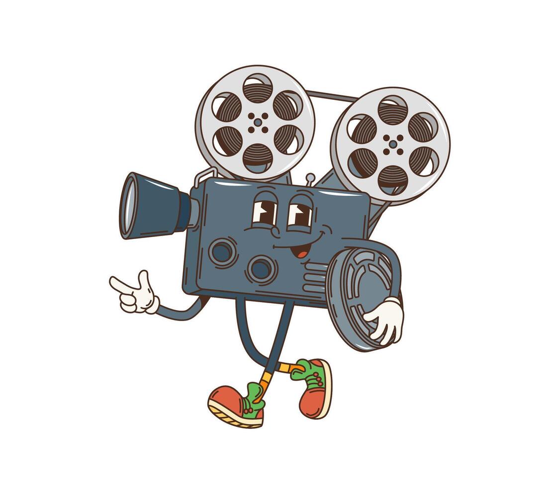 Groovy retro cartoon movie camera funky character vector