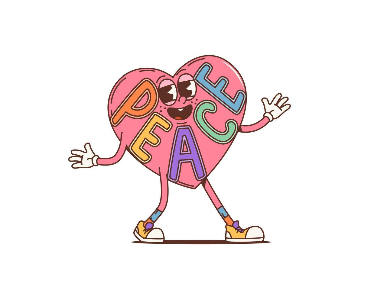 Cartoon peace heart groovy character, open arms vector