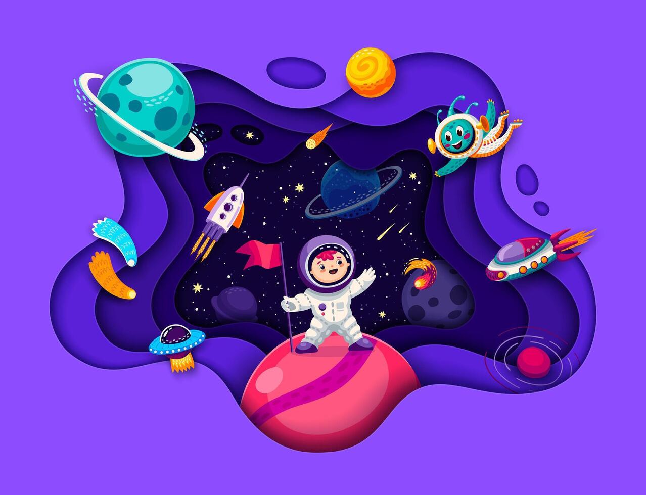 Kid astronaut on space planet, galaxy in paper cut vector