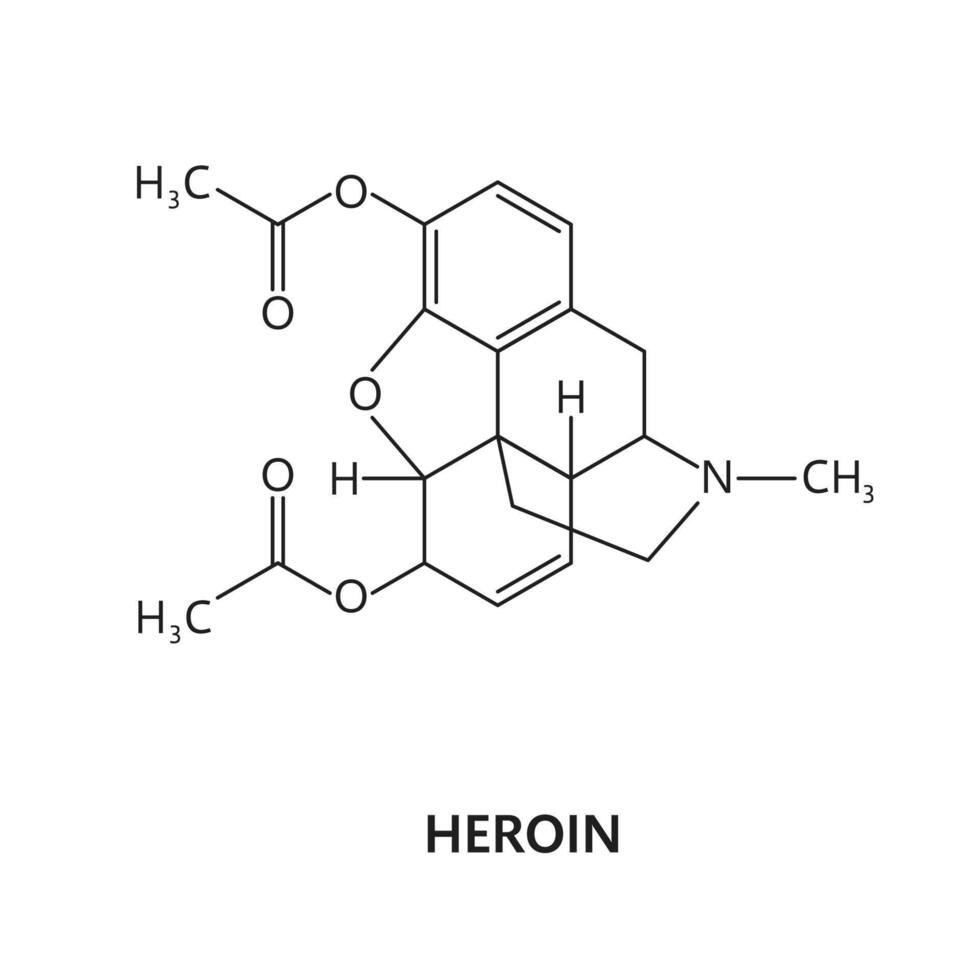 Heroin drug molecule formula, chemical structure vector