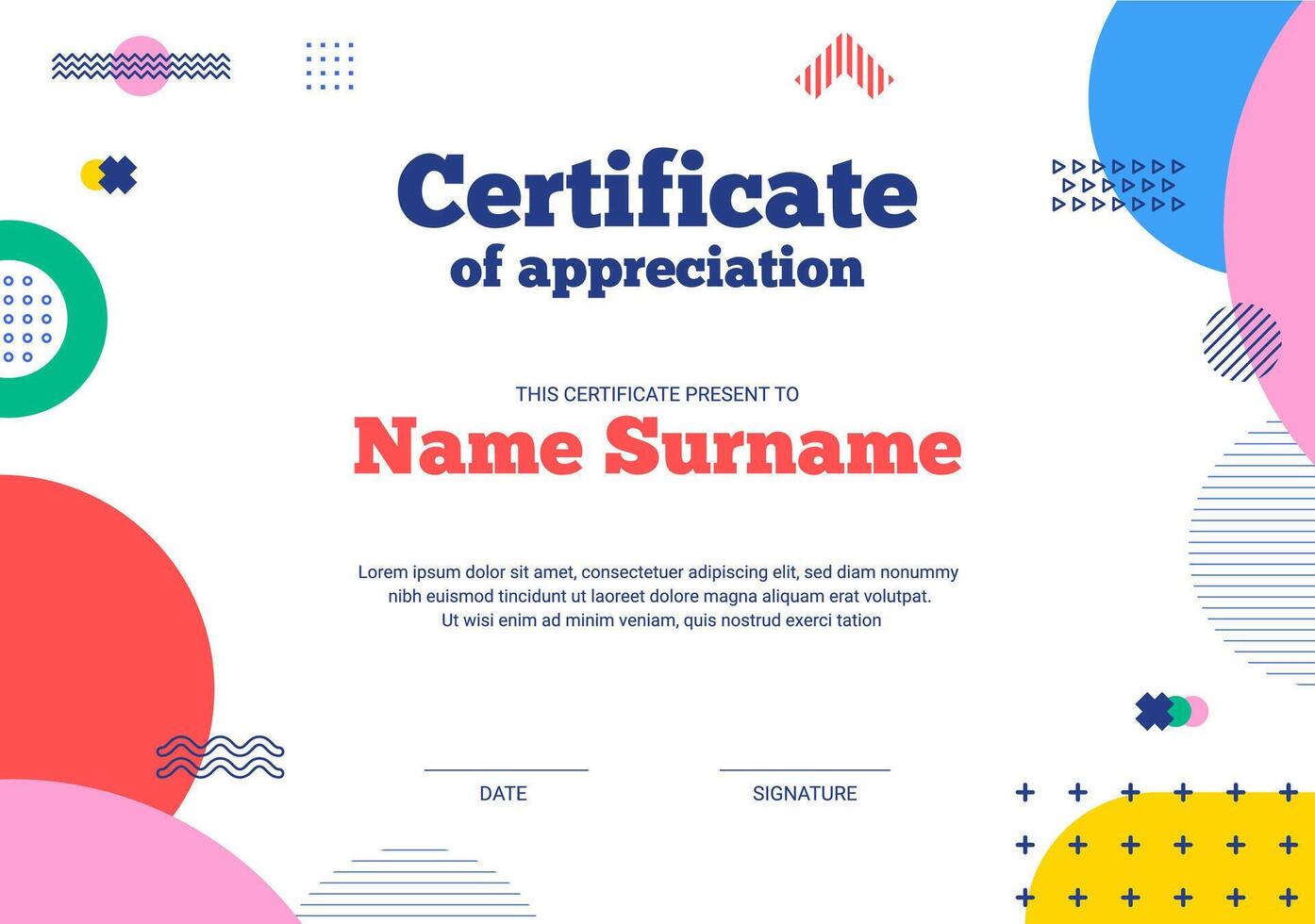 Certificate template with geometric Memphis shapes vector