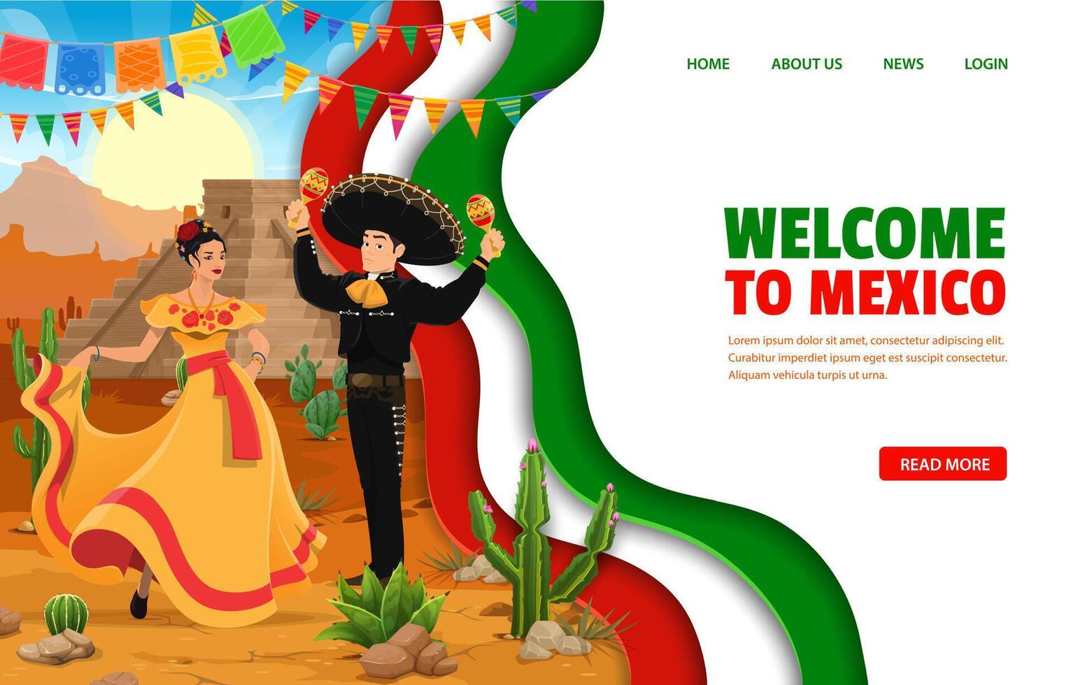 Mexico travel landing page with paper cut design vector