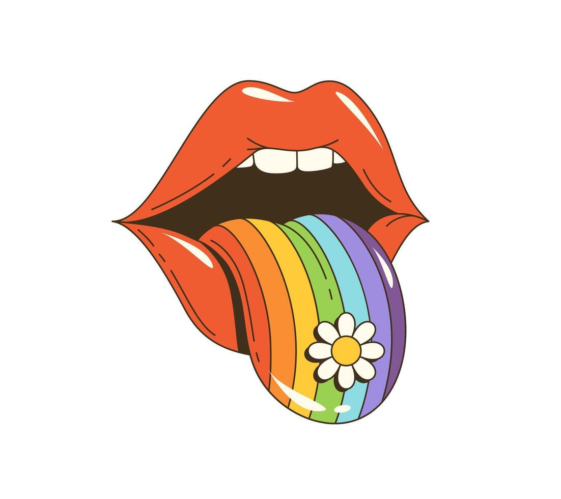 dibujos animados maravilloso hippie mujer labios, arco iris lengua vector