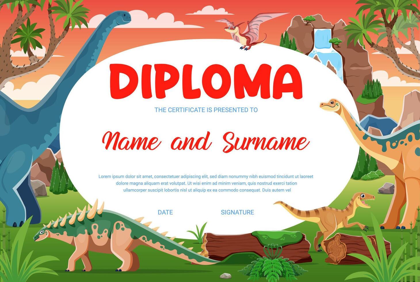 Kids diploma, Jurassic era funny cartoon dinosaurs vector