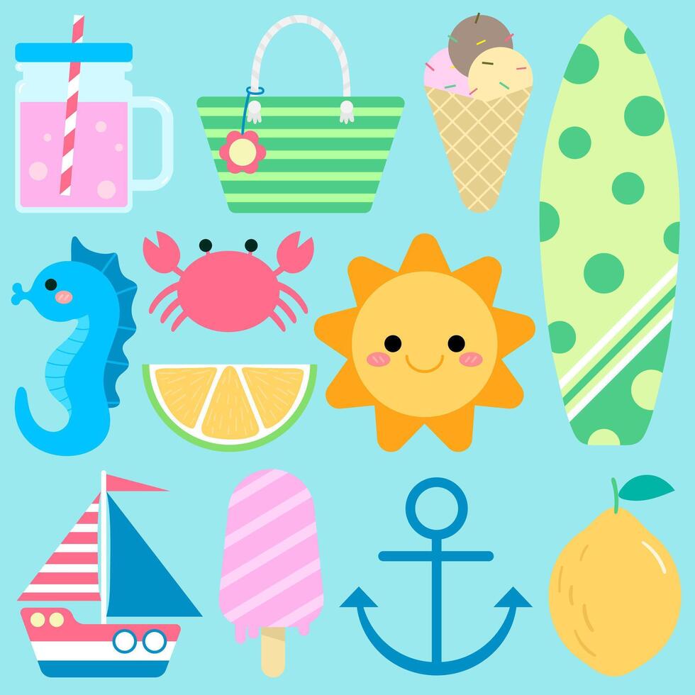 Kids hand drawn cute summer elements set vector