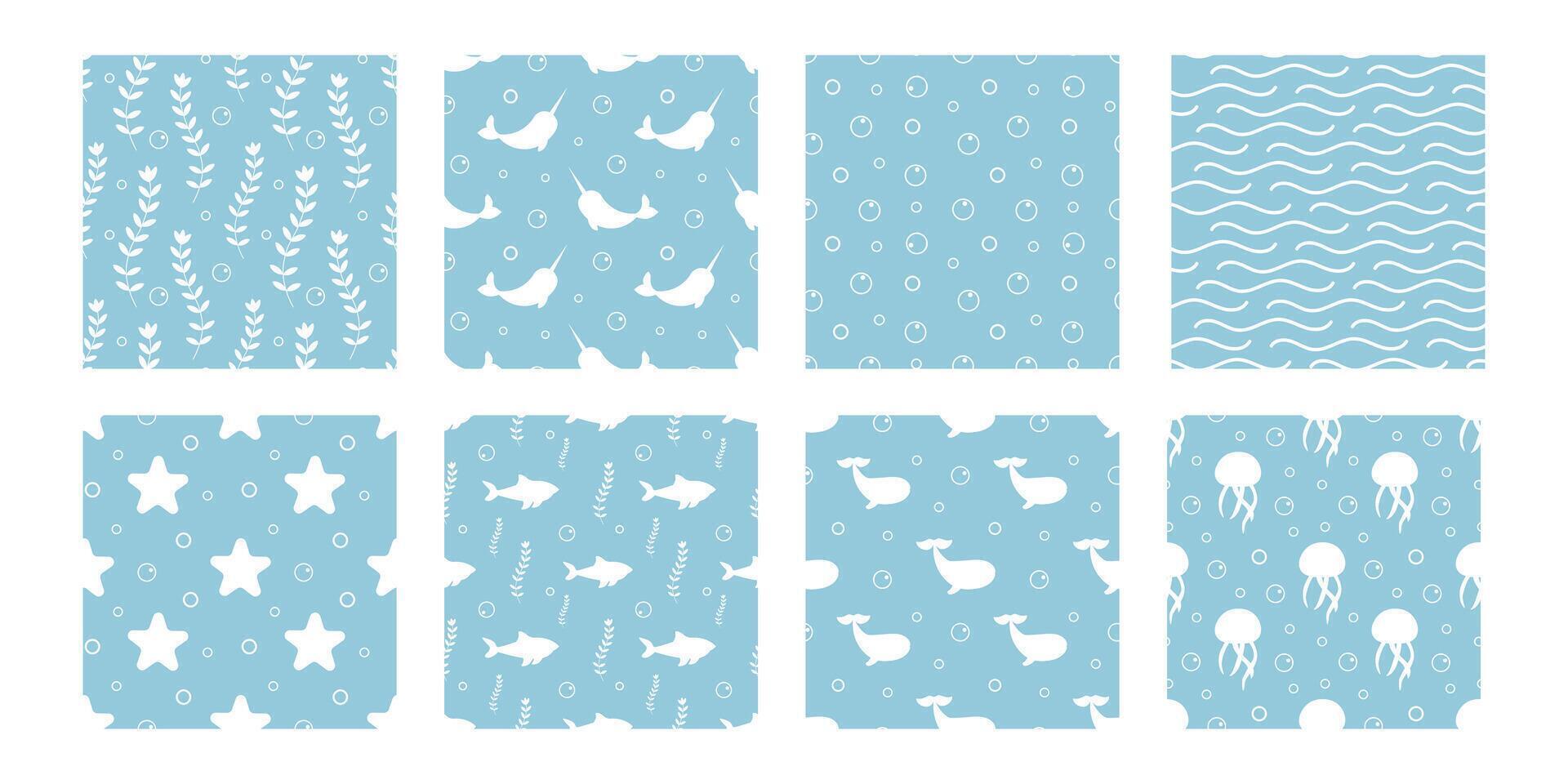 Set underwater seamless pattern. Shark, whale, algae, sea star, wave, bubble, dolphin, narwhal, jellyfish. Simple. vector