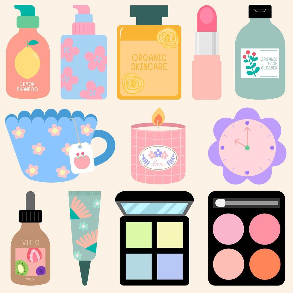 Cute and Colorful hand drawn kawaii cosmetic skincare girly elements set vector