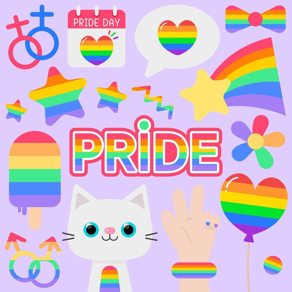 Cute and Colorful hand drawn kawaii pride month element set vector