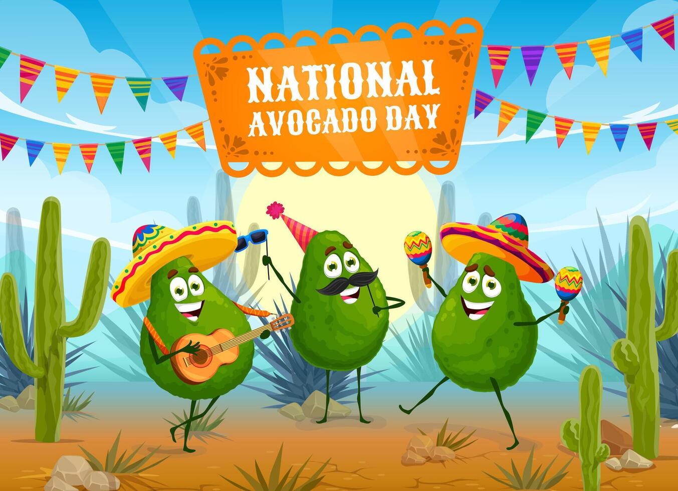 aguacate día bandera con gracioso dibujos animados caracteres vector