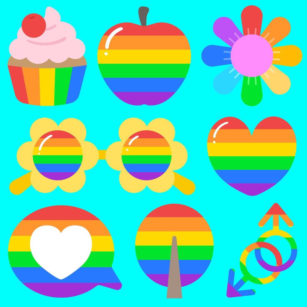 Cute and Colorful hand drawn kawaii pride month elements set vector