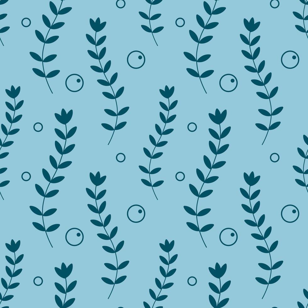 Underwater seaweed seamless pattern. Illustration isolated on blue background. Algae and bubble. vector