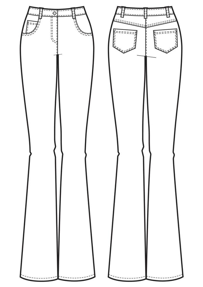 flared jeans isolated, front and back. Black and white. vector