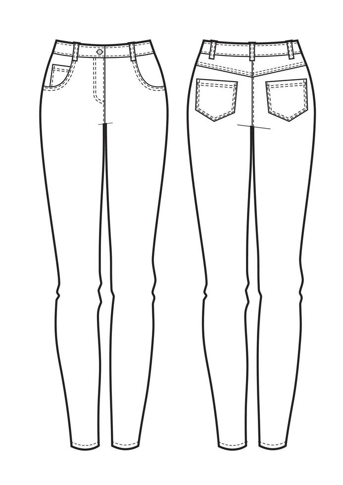 Front, back views of women's jeans. illustration. vector