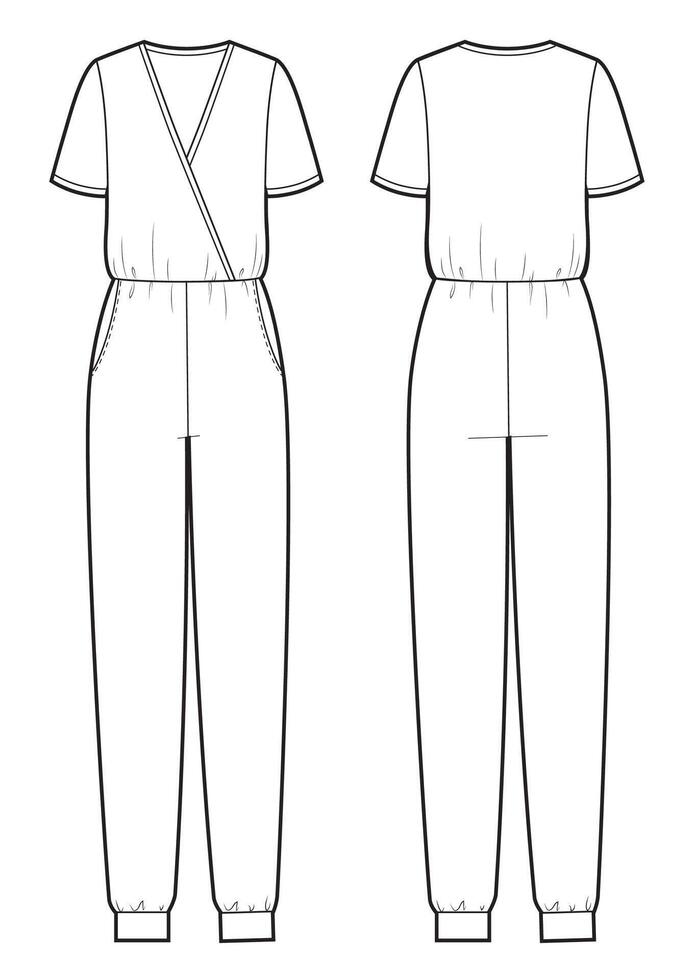 technical sketch of women's jumpsuit with short sleeves vector