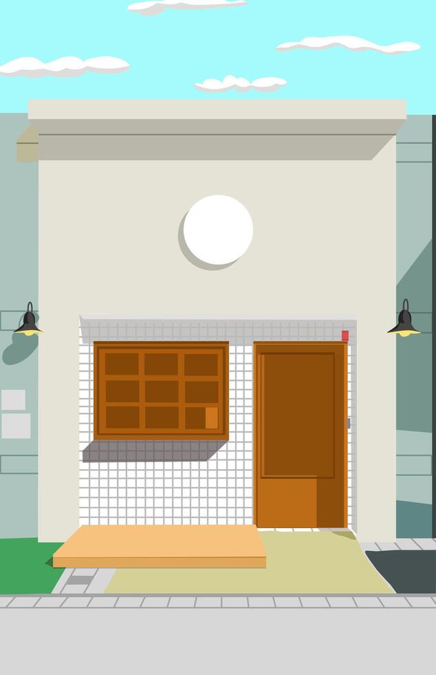 a white shop with Large windows and wooden doors In the road side at middle of the city vector