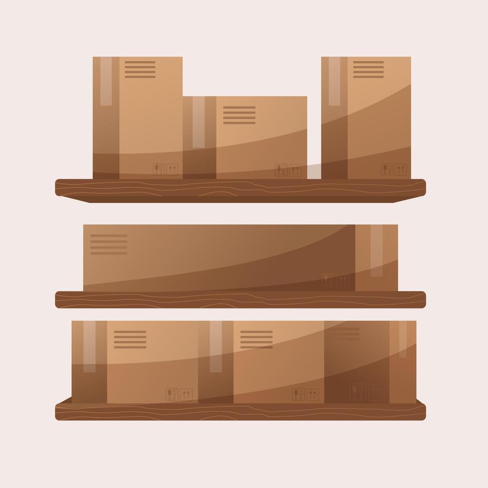 Set of boxes on the racks, boxes packaging delivering goods vector
