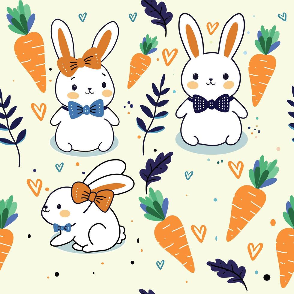 Seamless pattern with cute rabbits, flowers, beautiful background. Suitable for Easter cards, banners, textiles, wallpaper. vector