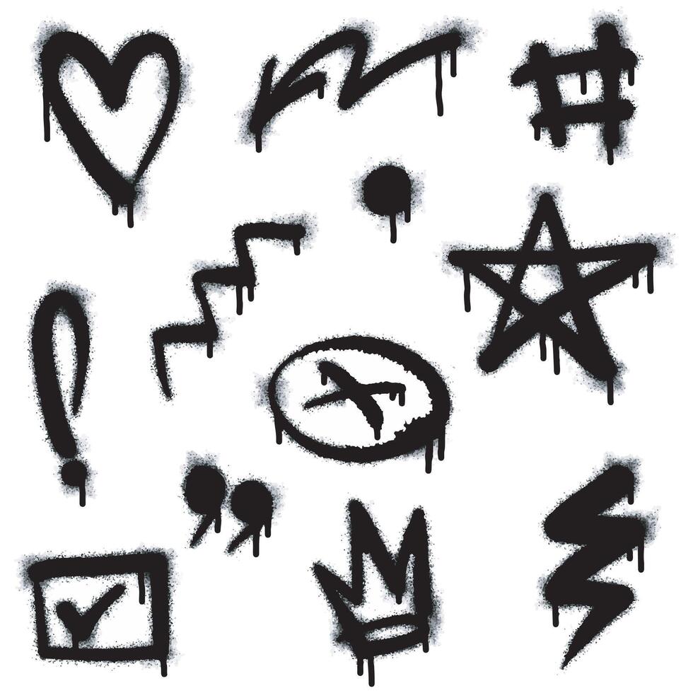 Graffiti drawing symbols set. Painted graffiti spray pattern of question mark, arrow, crown, star, fence and hand hitting. Spray paint elements. Street art style illustration. vector