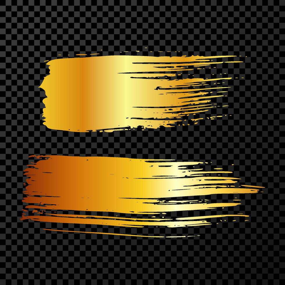 Set of two gold brush strokes. Hand drawn ink spots isolated on dark background. illustration vector