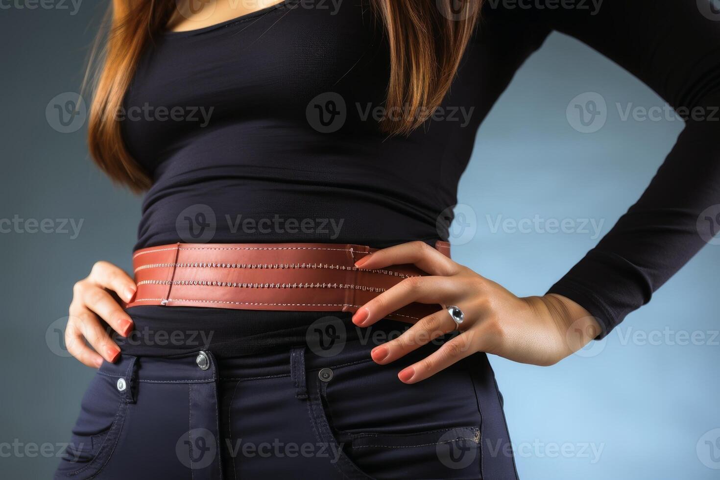 A woman checking her belt after a successful diet. photo