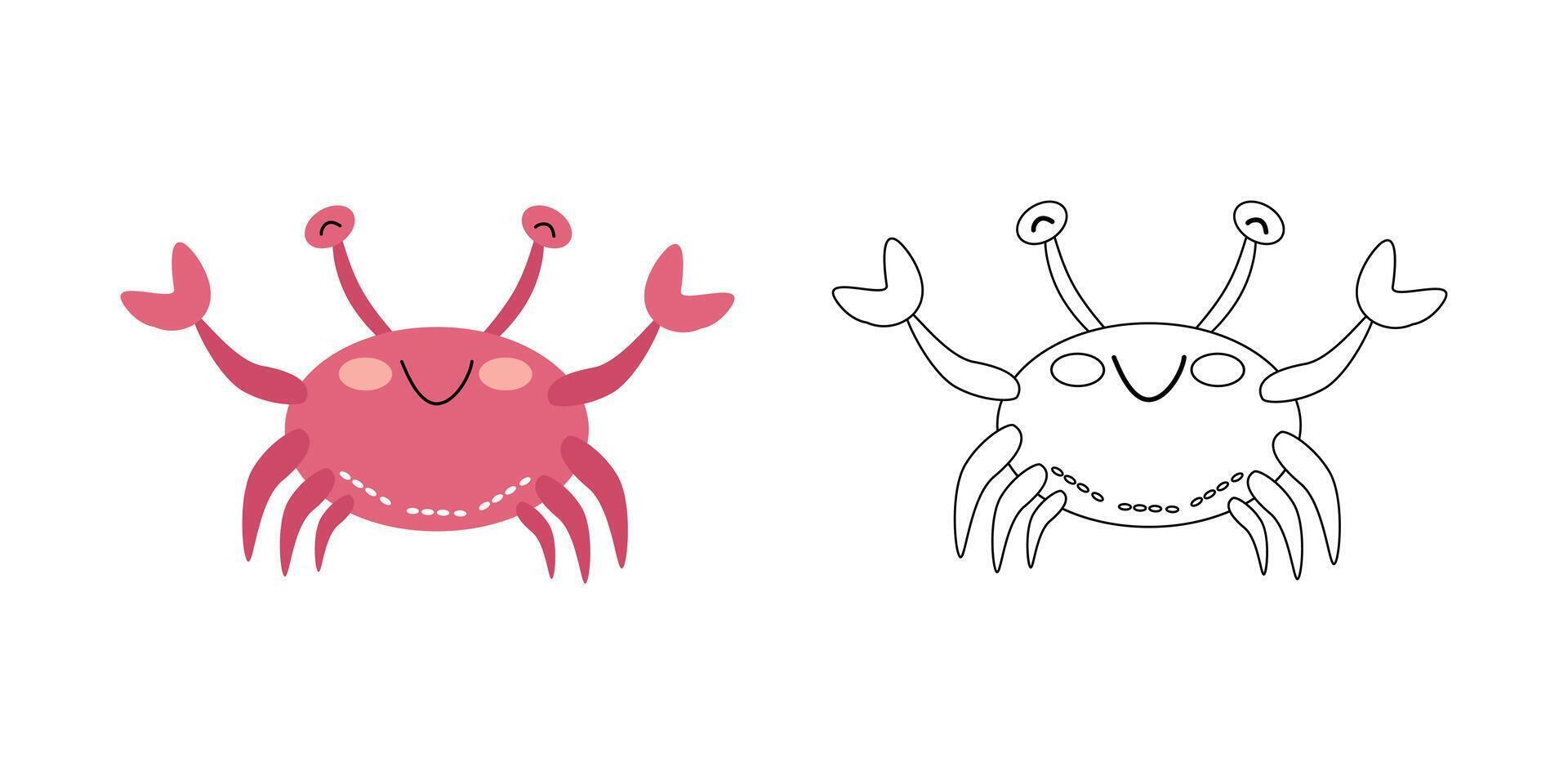 Cute crab character, sea animal. cartoon illustration for children's coloring books, outline and example in color. vector