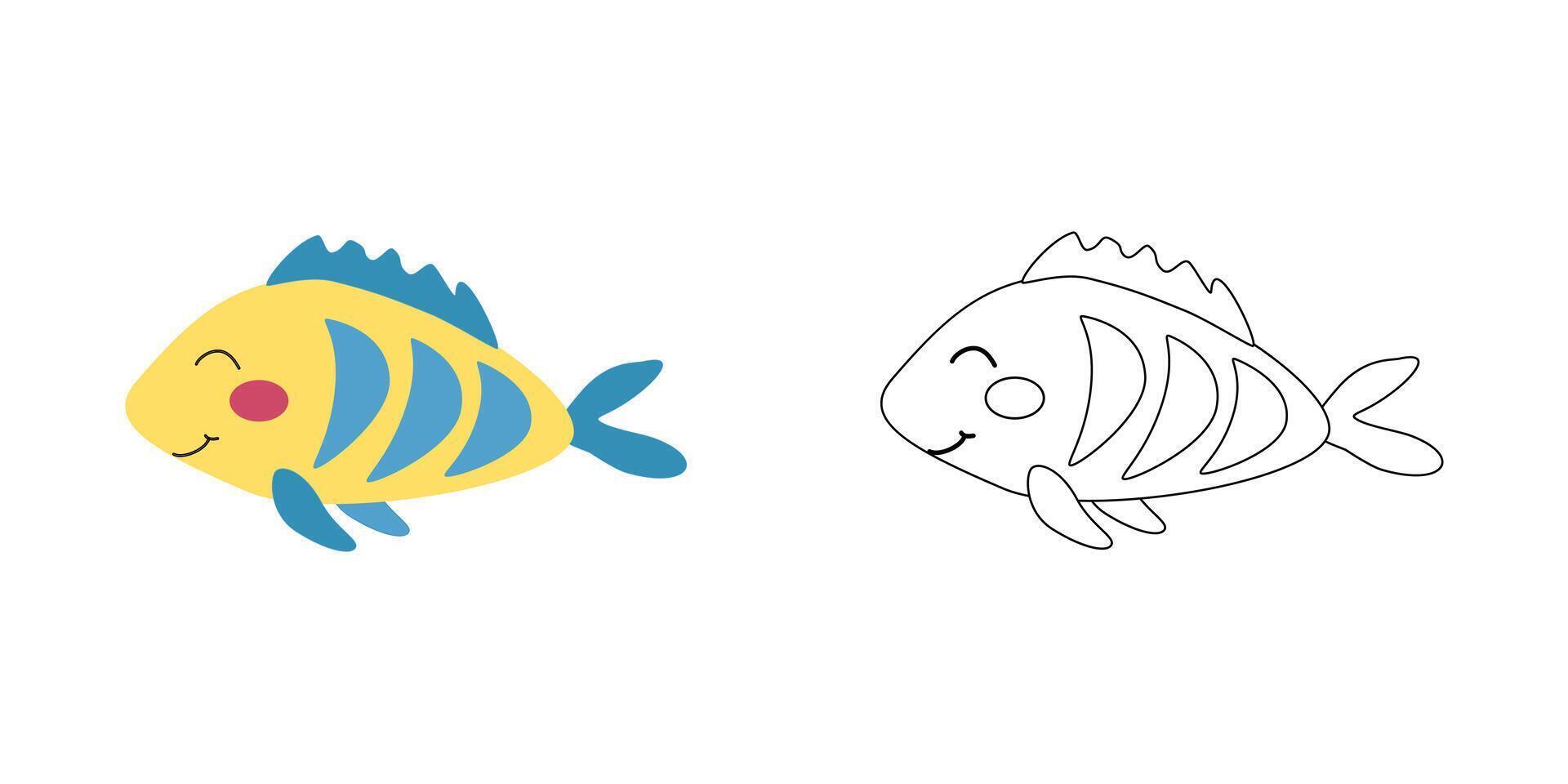 colorante libro alegre tropical amarillo pescado con azul rayas. dibujos animados ilustración para para niños colorante libros, contorno y ejemplo en color. vector