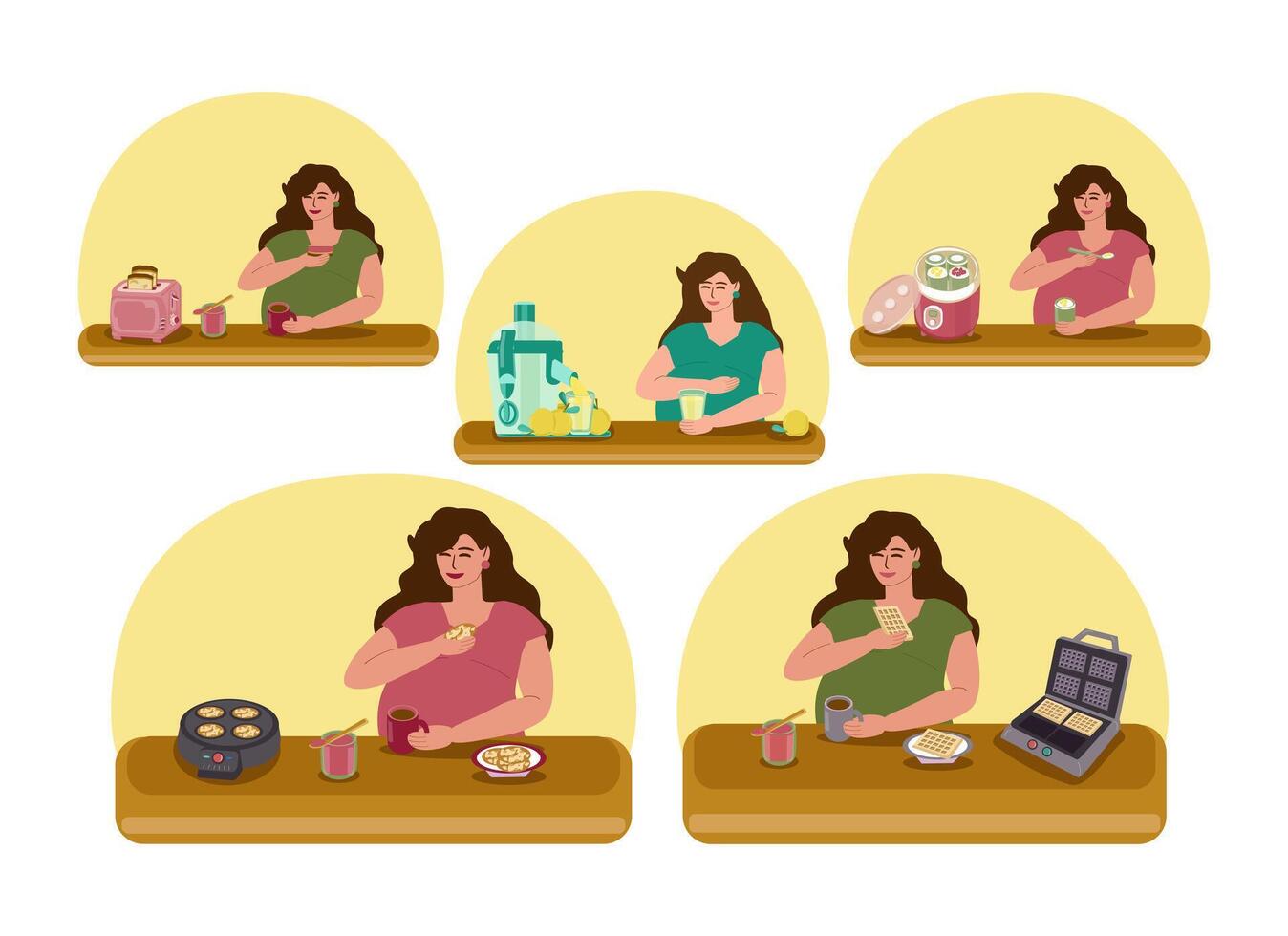 Set pregnant young woman has breakfast vector