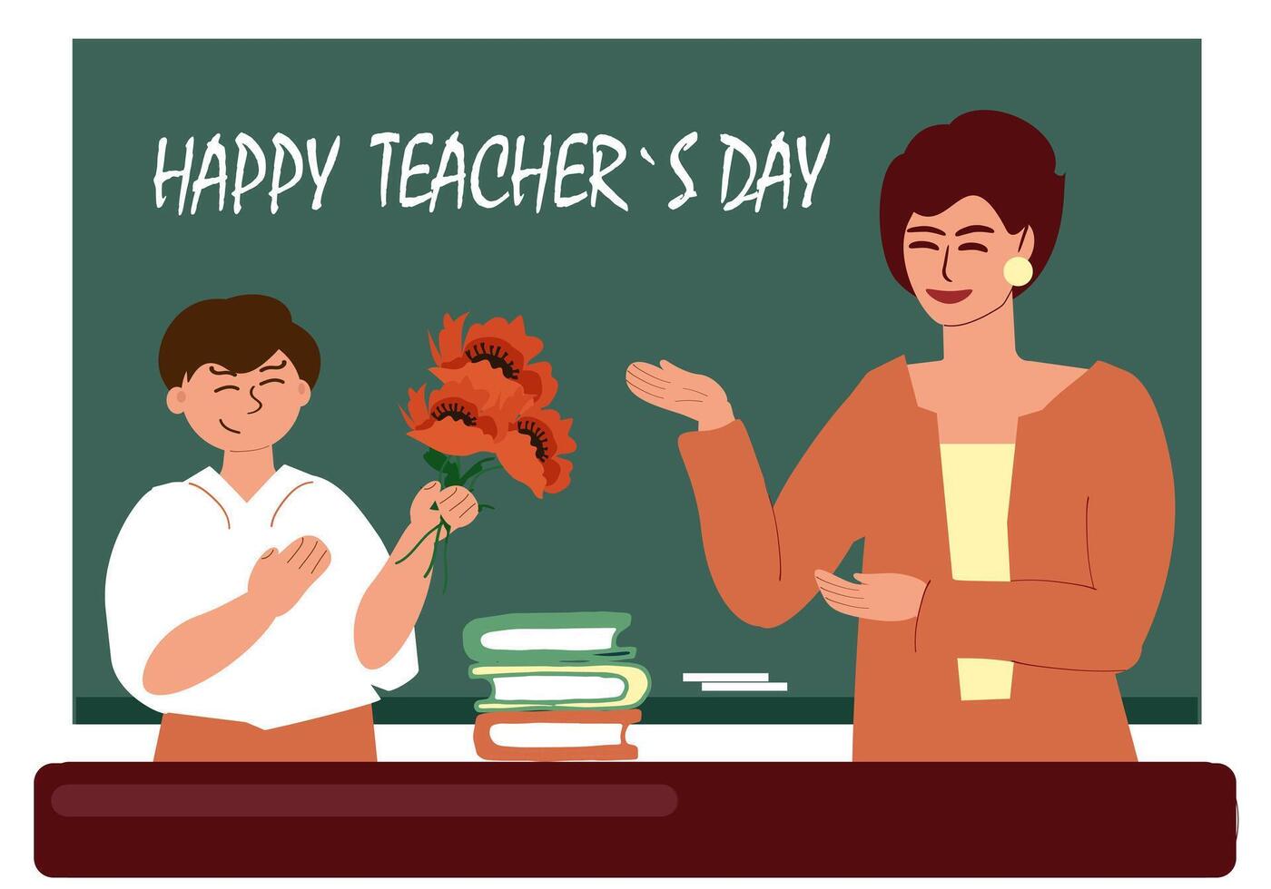 Teacher's Day. A schoolboy congratulates and gives a bouquet of flowers to the teacher at the blackboard and table with books. Happy Teacher's Day is written in chalk on the blackboard. vector