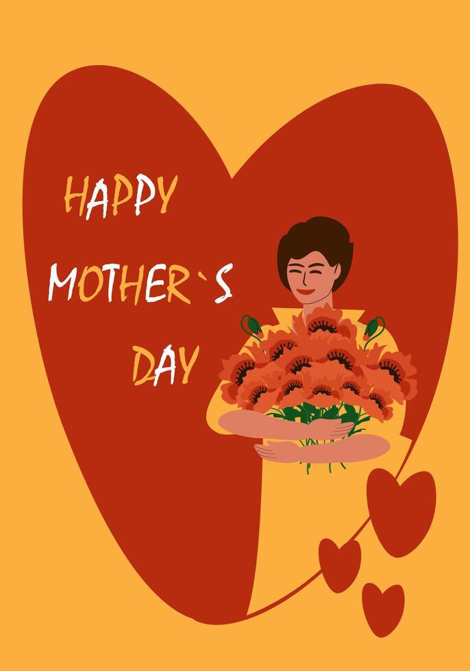 Greeting card, vertical banner for Mother's Day. Young woman with a bouquet of red poppies and a red heart on a yellow background vector