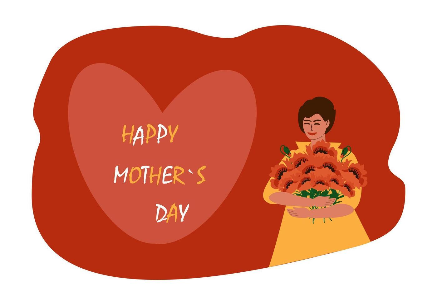 Greeting card, horizontal banner for Mother's Day. Young woman with a bouquet of red poppies and the inscription - Happy Mother's Day vector