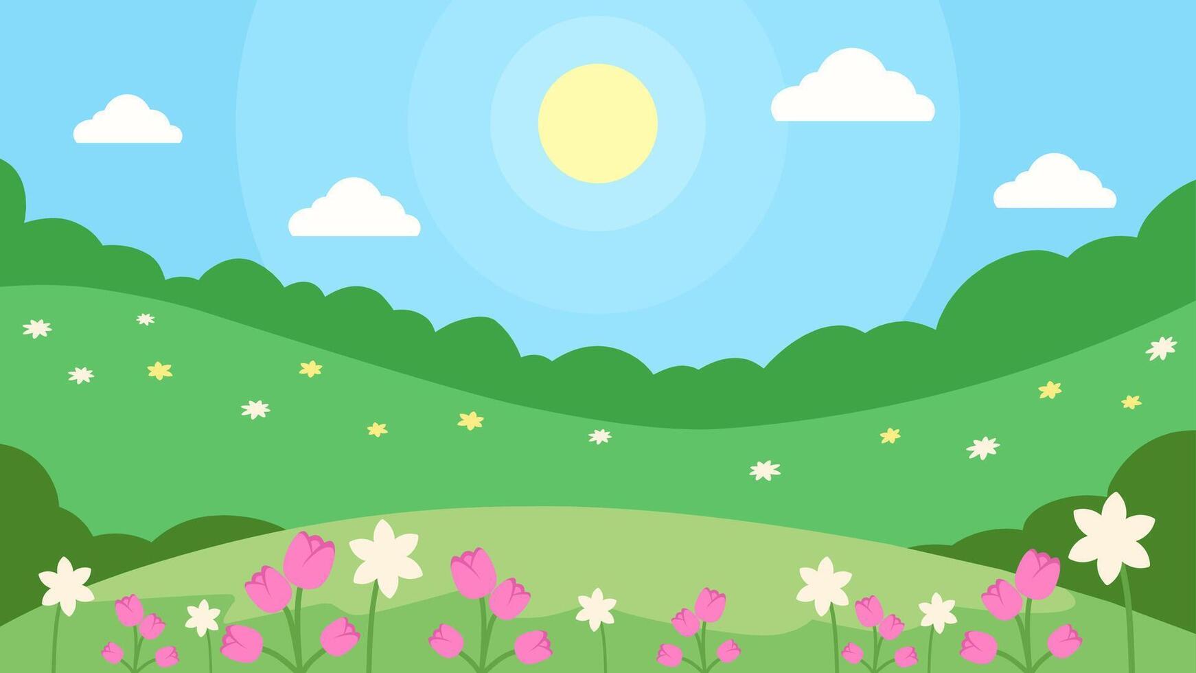 Flat landscape illustration of spring season with blooming flowers vector