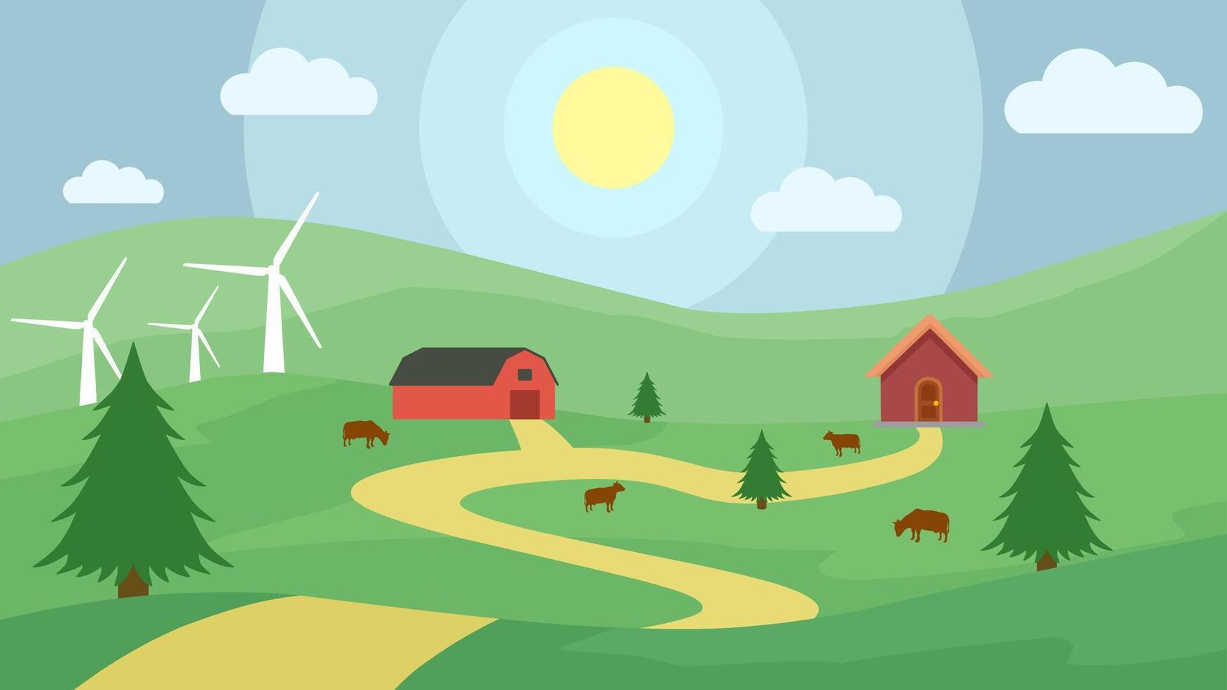 Flat landscape illustration of farm with cattle and barn in green hill vector