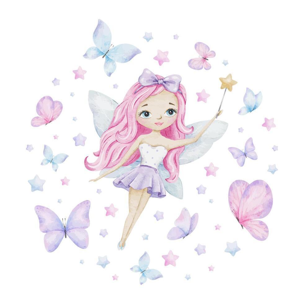 Cute little fairy with magic wand, butterflies and stars. Isolated hand draw watercolor illustration. For kid's goods, clothes, postcards, baby shower and children's room vector