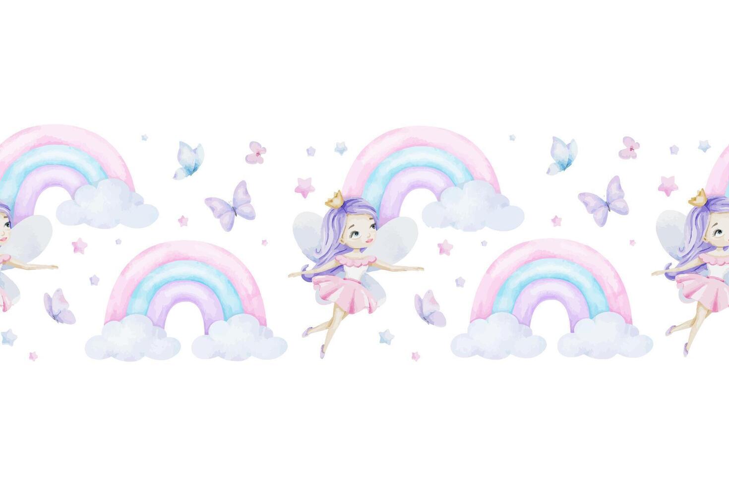 Cute Little fairies, rainbow, butterflies, clouds and stars. Watercolor seamless border for children's goods, clothes, postcards, baby shower and nursery, fabric vector