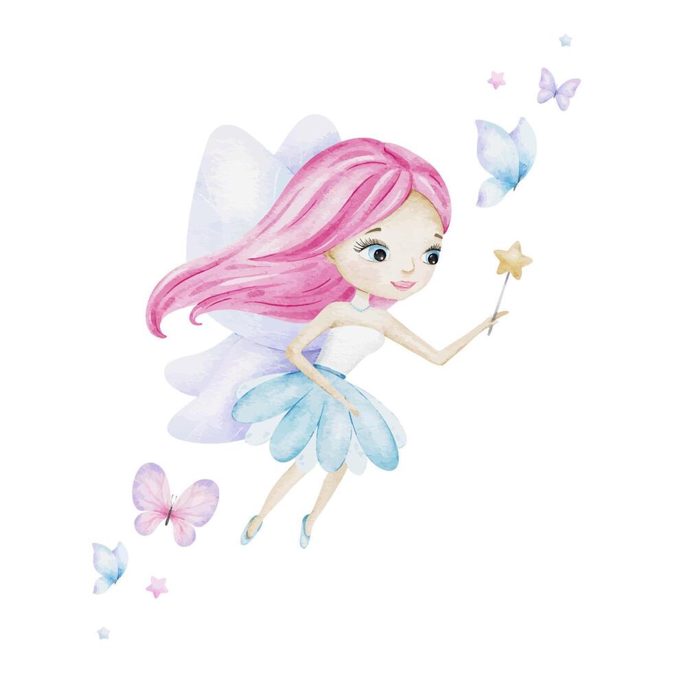 Cute little fairy with a magic wand and light blue wings. Isolated watercolor illustration. For kid's goods, clothes, postcards, baby shower and children's room vector