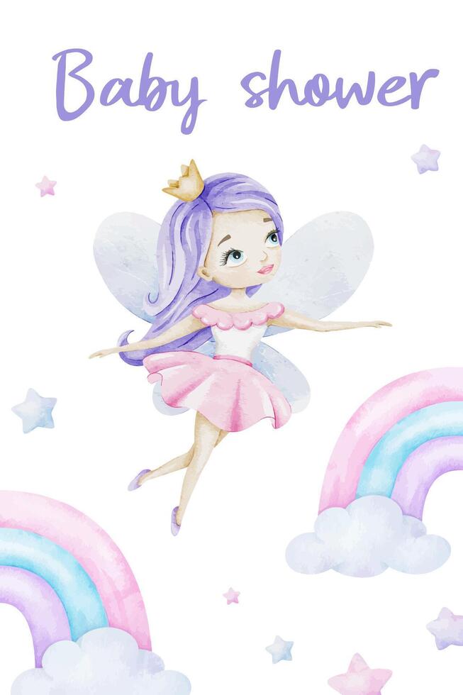 pequeño hada con corona, arco iris y estrellas. linda bebé ducha acuarela invitación tarjeta. diseño de para niños cumpleaños tarjeta postal. nuevo nacido celebracion. modelo de recién nacido fiesta invitación. vector